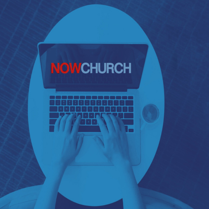 computer with words now church on screen