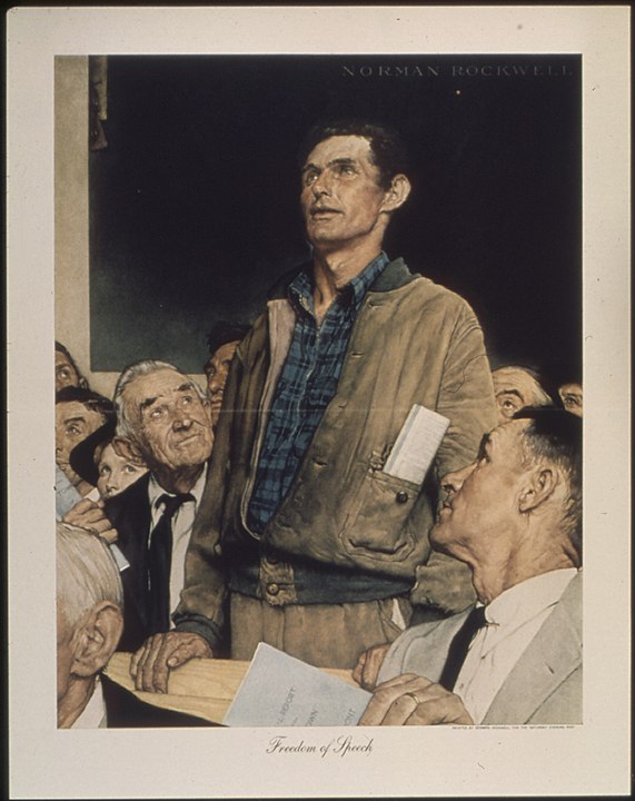 Freedom of speech painting by Norman Rockwell. Man standing while other look up to him